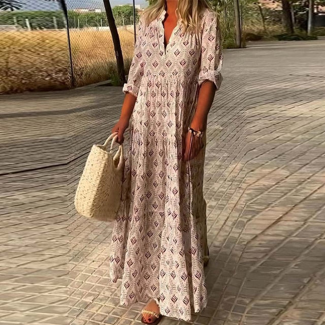 Fiora Effortless Casual Long Sleeve V Neck Dress Boutique Collection
