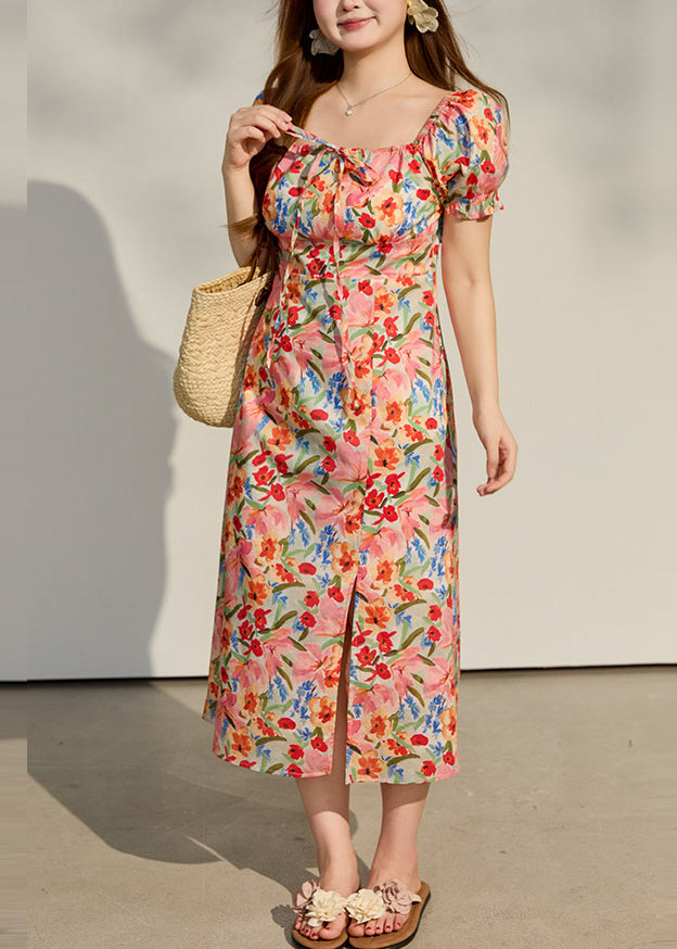 Casual Pink Square Collar Print Cotton Vacation Dresses Summer