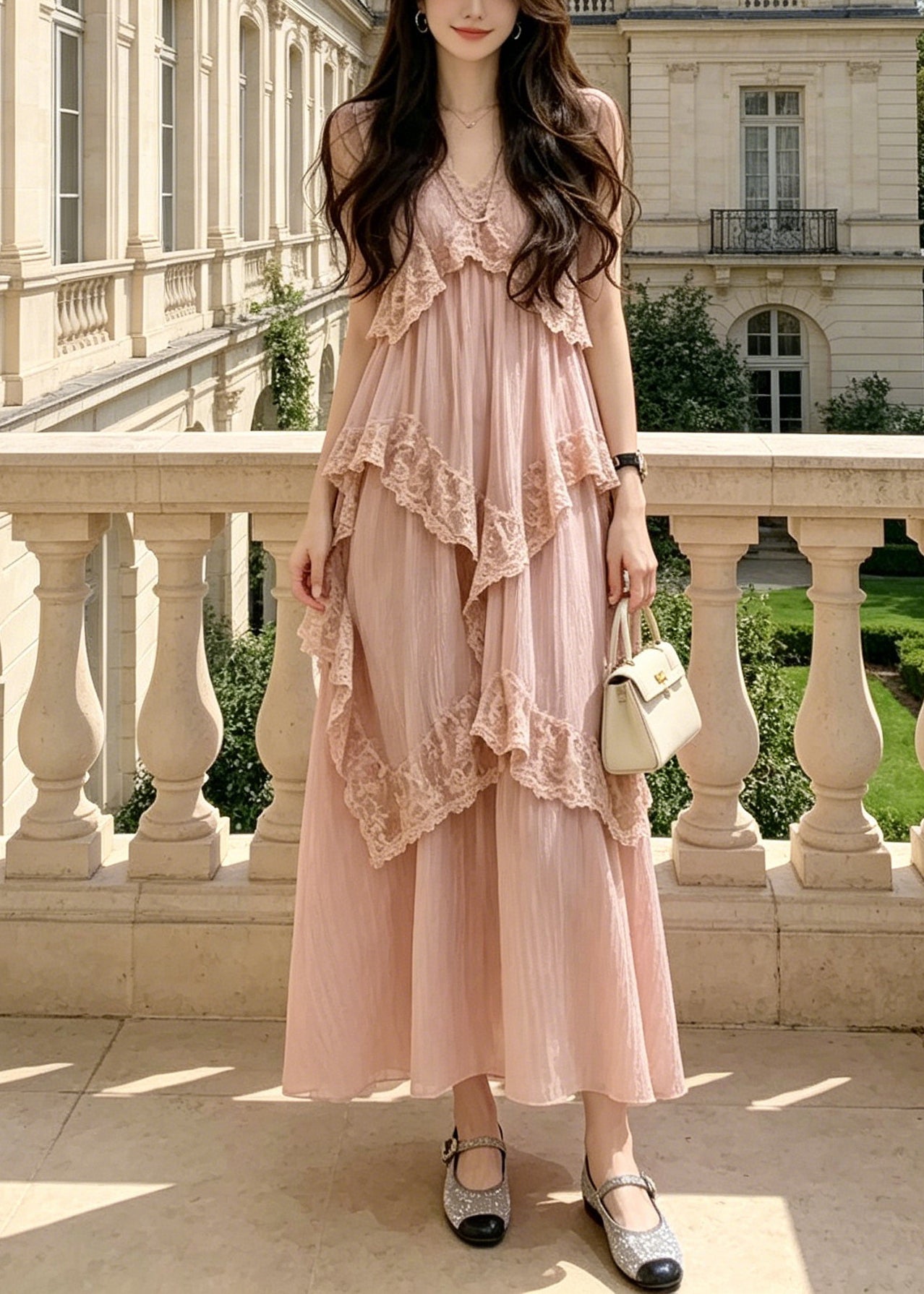 Casual Pink V Neck Lace Patchwork Maxi Spaghetti Strap Dresses Summer