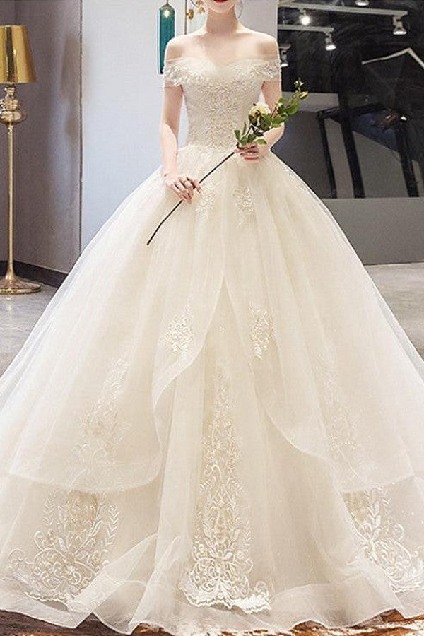 Casual Plus Size A-Line Wedding Dresses Off Shoulder Lace Sleeveless Bridal Gowns with Court Train