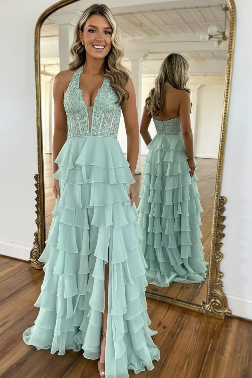 Sky Blue Prom Dress Ruffled Halter Corset Formal Dress With Slit