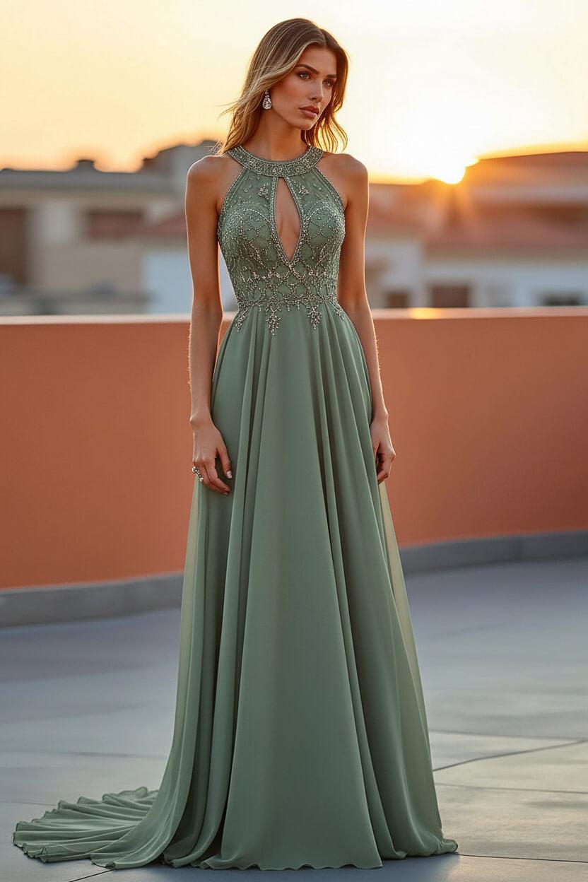 Beaded Navy Wedding Guest Dress Halter Long Formal Dress With Embroideries