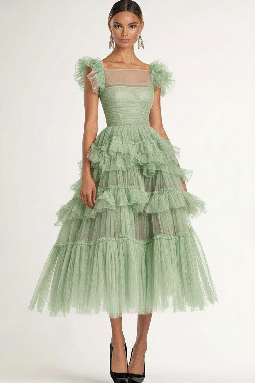 Tea Length Black Wedding Guest Dress A-Line Flatter Sleeves Tulle Formal Dress With Ruffles