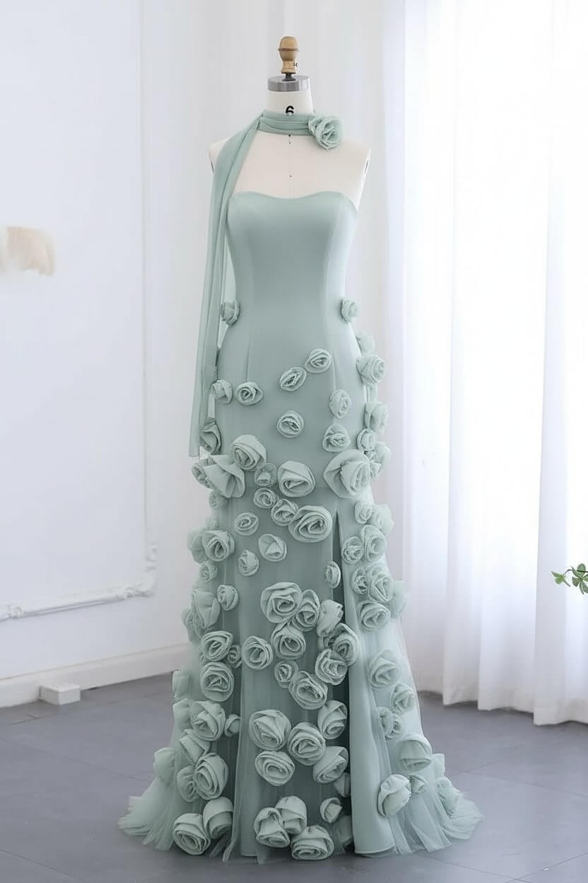 Pink Prom Dress Strapless Mermaid 3D Flowers Formal Dress With Slit