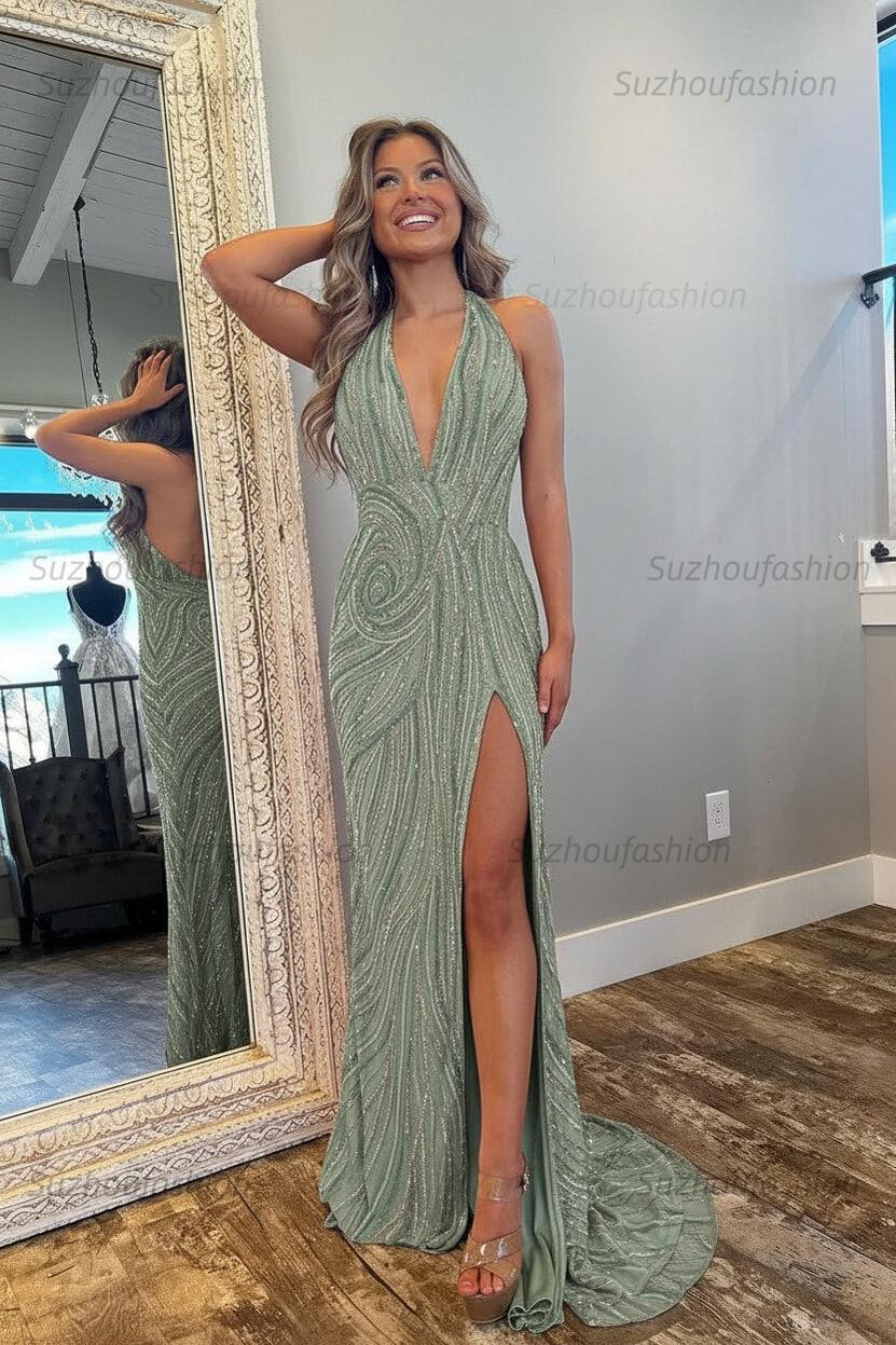 Halter Prom Dress Pink and Orange Mermaid Evening Dress with Slit