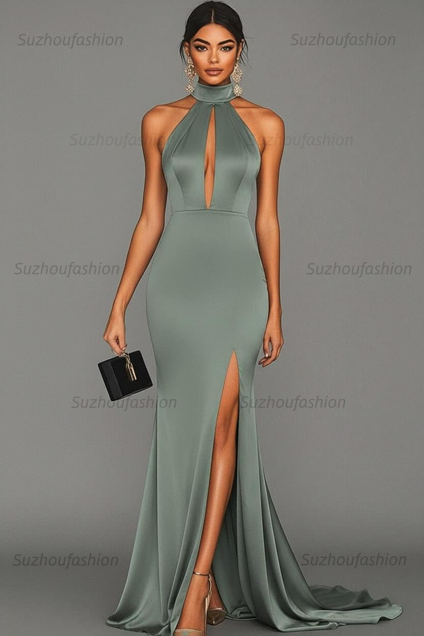 Satin Black Wedding Guest Dress Mermaid Halter Neck Formal Dress
