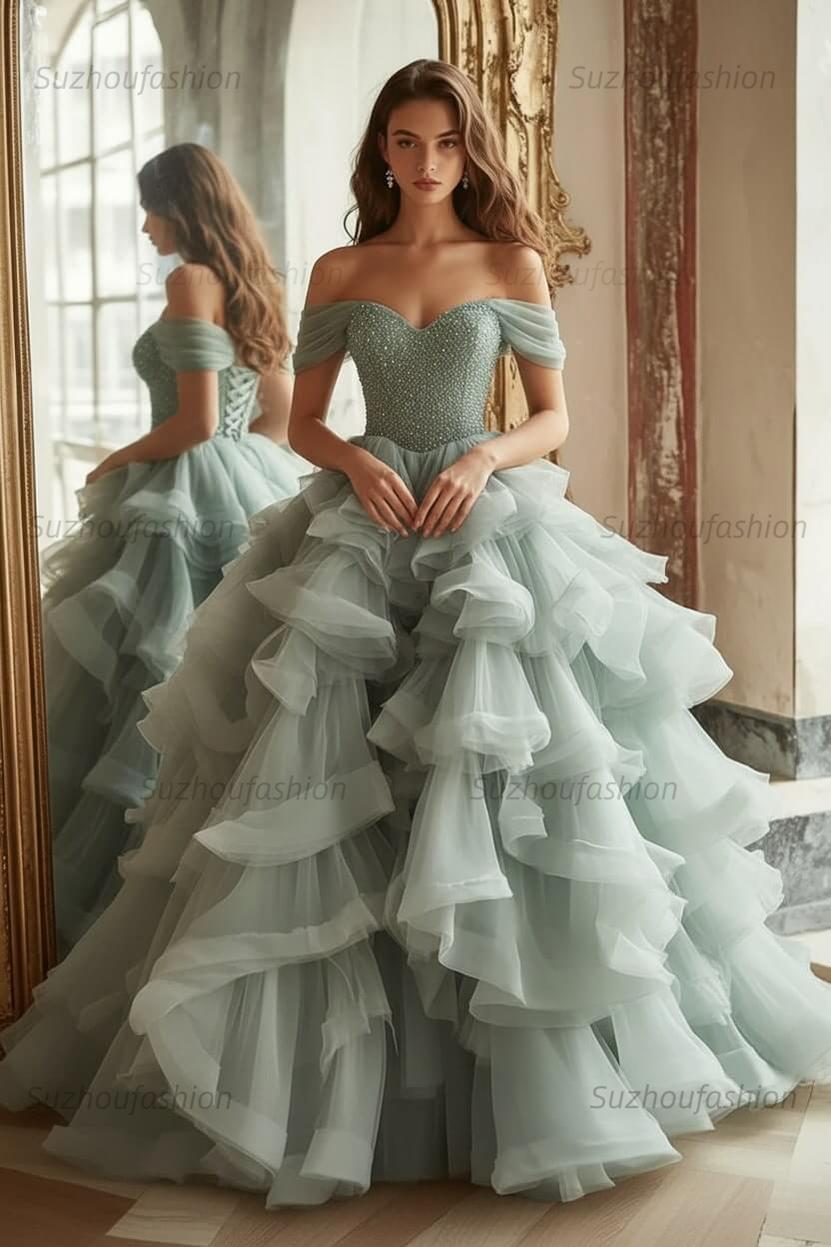 Pink Tiered Prom Dress Off the Shoulder A Line Formal Dress