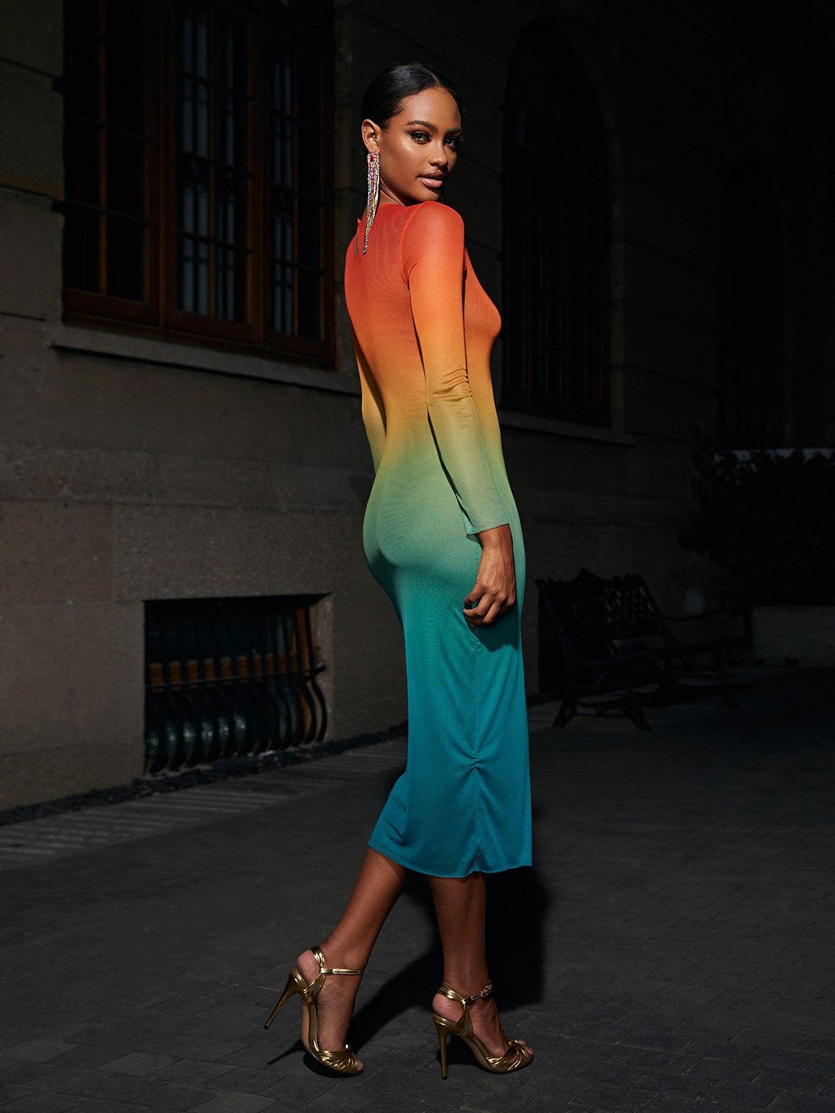 Celestial Ombre Long Sleeve Mesh Midi Dress