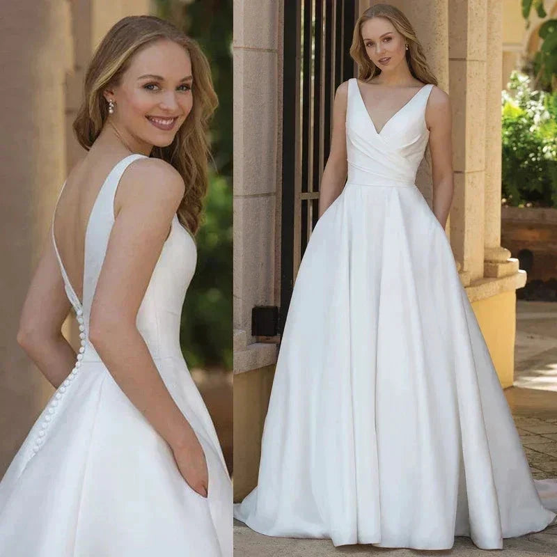 Simple A-Line Wedding Dresses With Pockets Classic V-Neck Sleeveless Backless Satin Bridal Gown Vestidos De Novia New (ZD13418) - VelvetHem