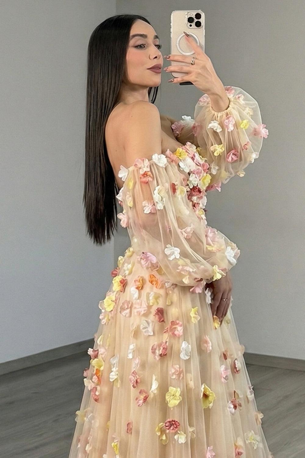 Suzhoufashion Champagne Floral Prom Dress Tulle A Line Long Formal Dress With Sleeves