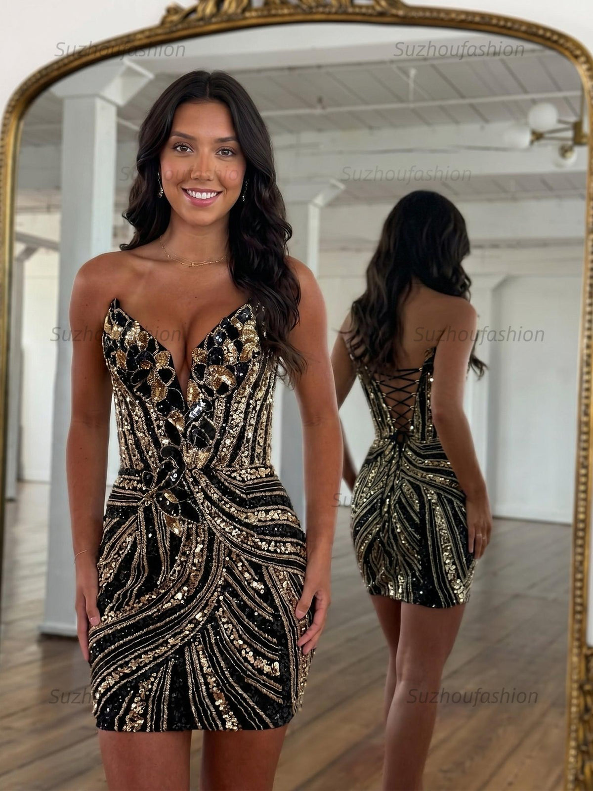Suzhoufashion Champagne Gold Art Deco Sequin Short Homecoming Dresses