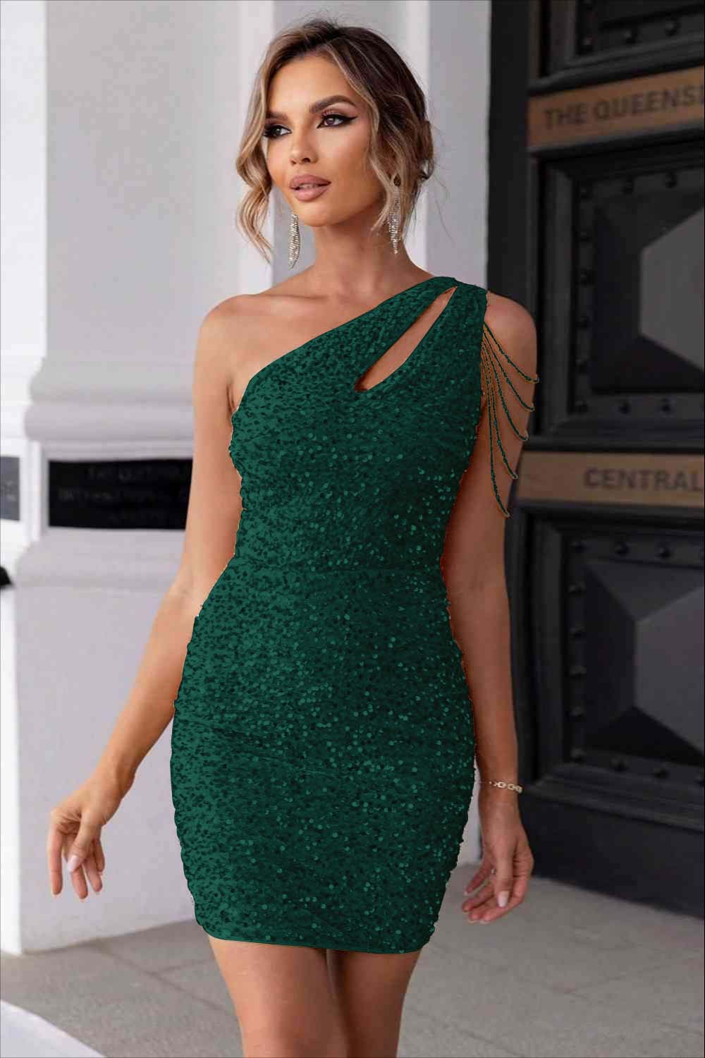 Champagne Gold Sequins One Shoulder Sleeveless Short Homecoming Dress With Beadings