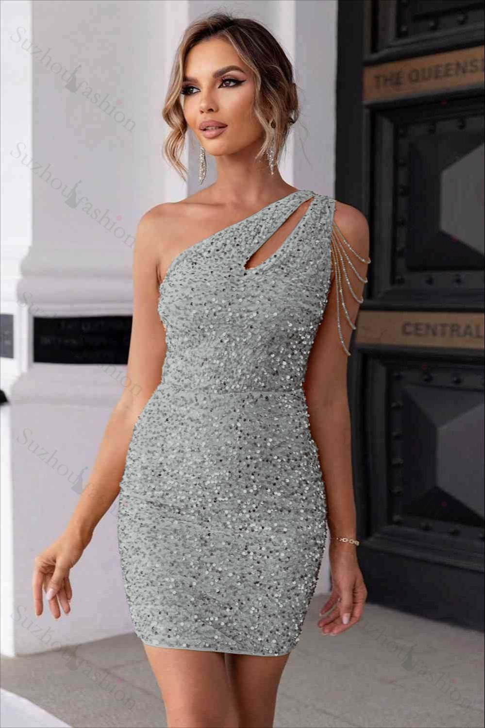 Champagne Gold Sequins One Shoulder Sleeveless Short Homecoming Dress With Beadings