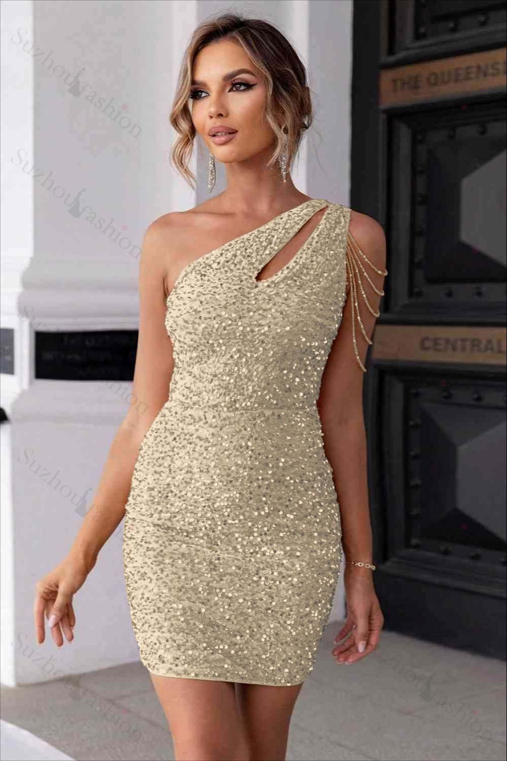 Champagne Gold Sequins One Shoulder Sleeveless Short Homecoming Dress With Beadings