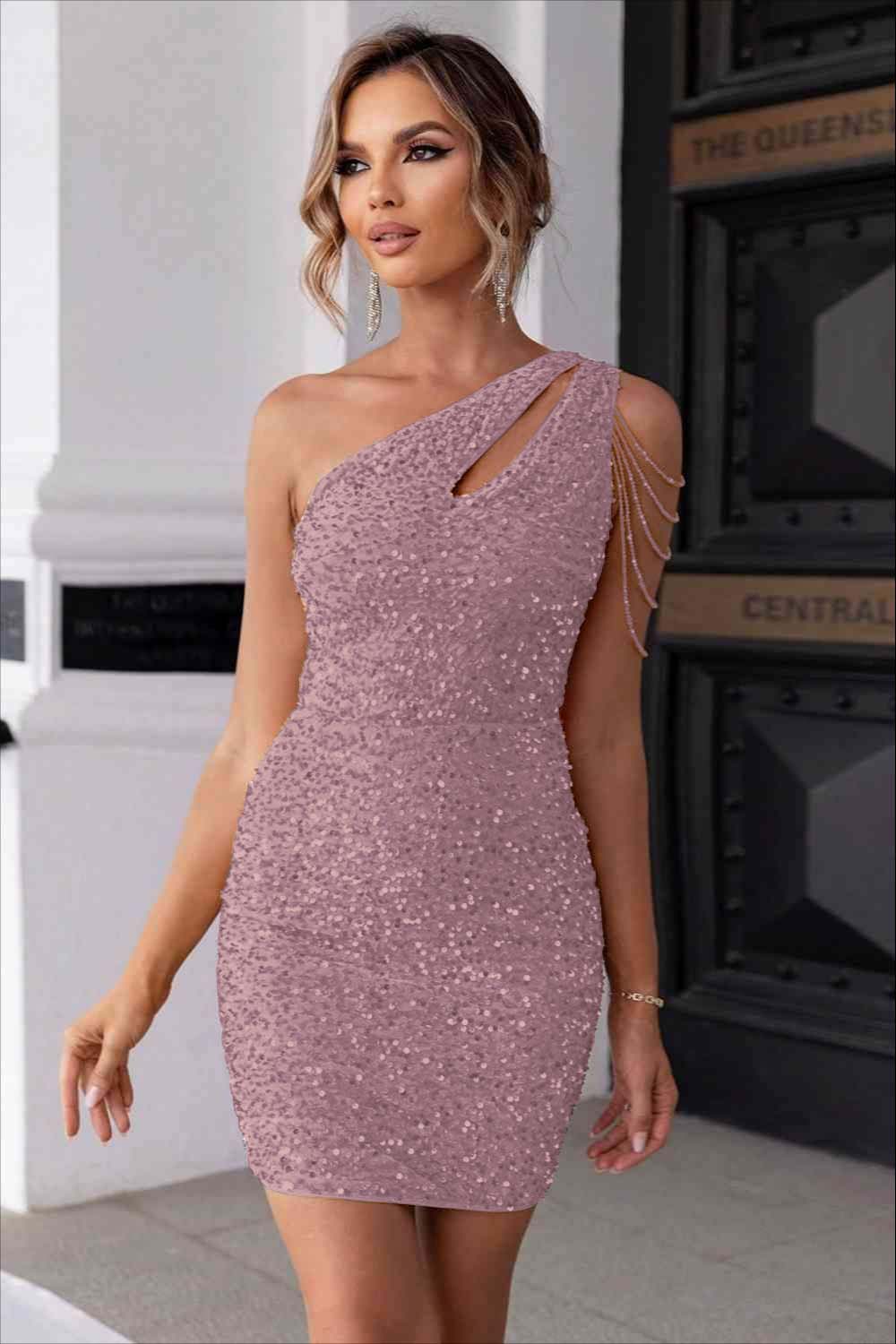 Champagne Gold Sequins One Shoulder Sleeveless Short Homecoming Dress With Beadings