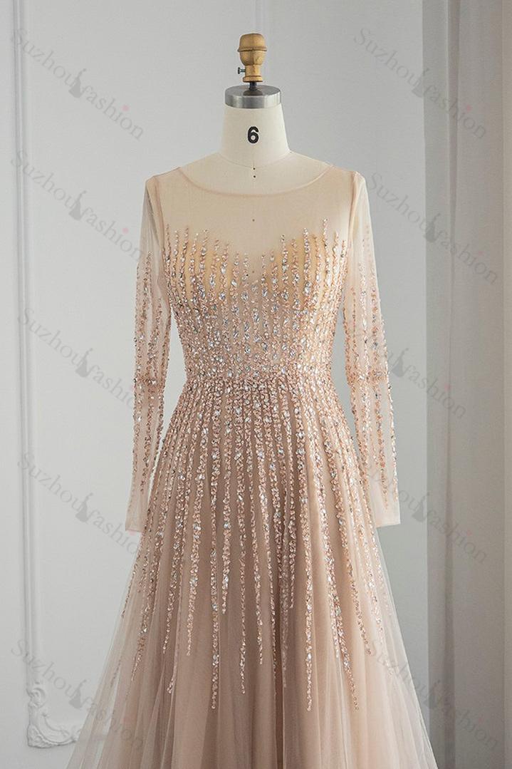 Champagne Long Sleeve Prom Dress Tulle Jewel Neck A Line Evening Formal Dress With Appliques