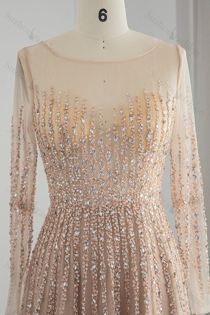 Champagne Long Sleeve Prom Dress Tulle Jewel Neck A Line Evening Formal Dress With Appliques