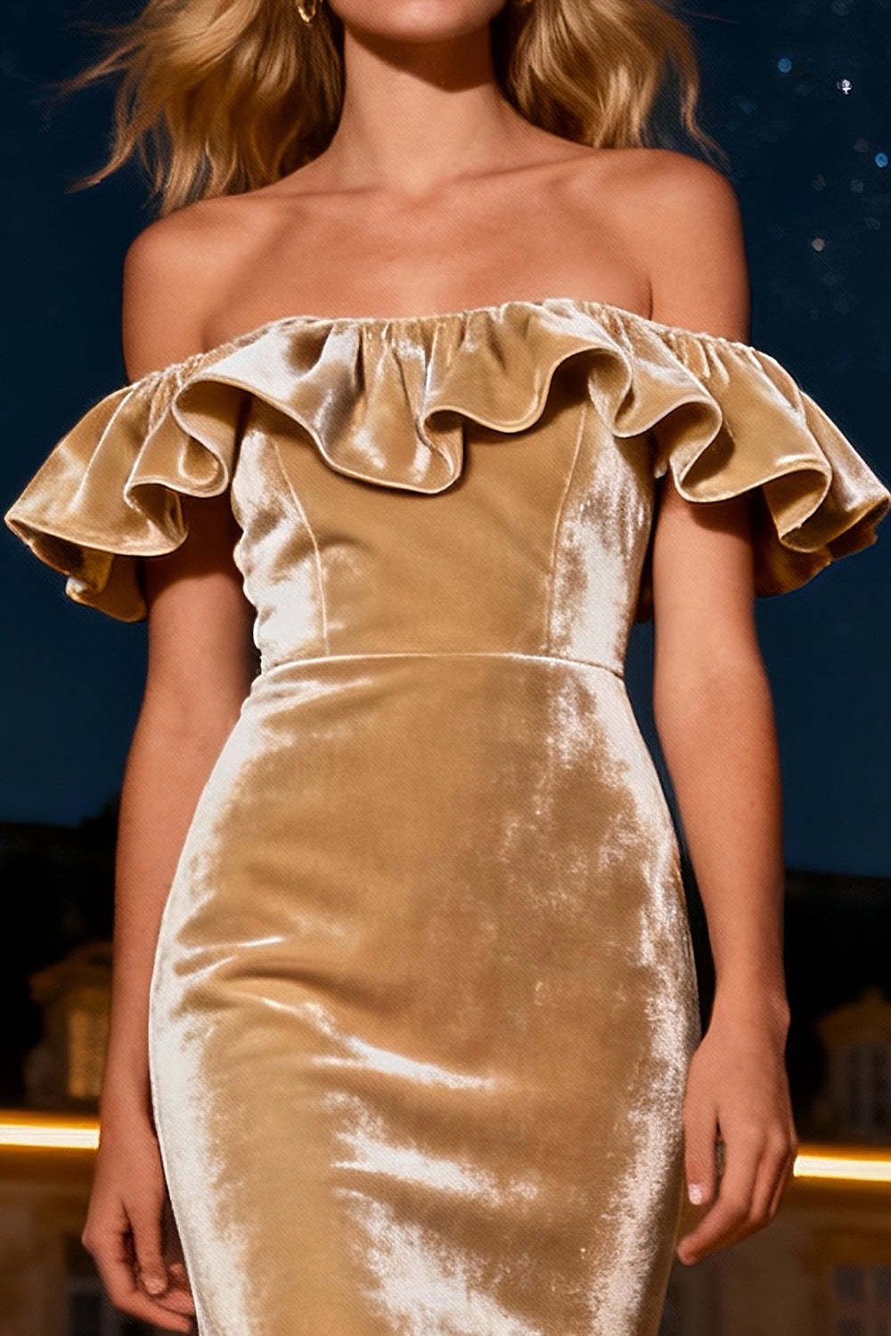 Suzhoufashion Champagne Mermaid Off The Shoulder Long Velvet Holiday Party Dress With Ruffles