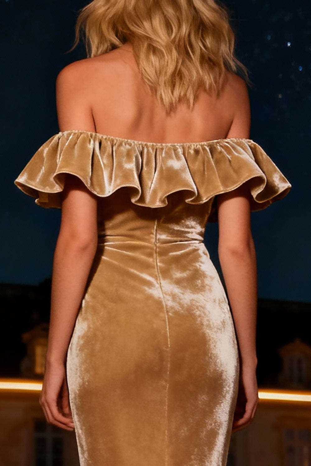 Suzhoufashion Champagne Mermaid Off The Shoulder Long Velvet Holiday Party Dress With Ruffles