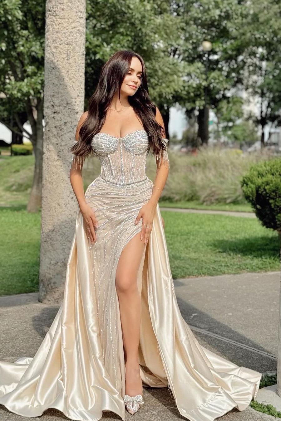 Champagne Off the Shoulder Sweetheart Beadings Long Evening Formal Dress With Split