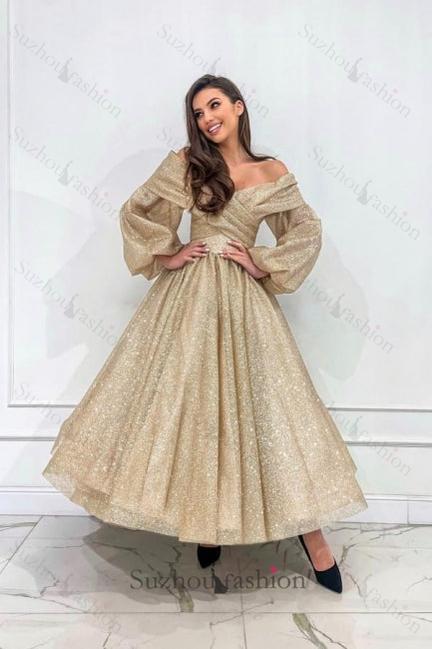 Champagne Prom Dress A Line Off The Shoulder Sleeves Formal Dress With Glitter