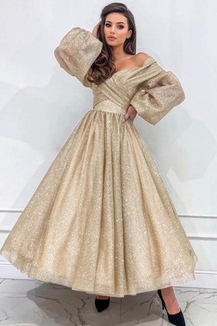 Champagne Prom Dress A Line Off The Shoulder Sleeves Formal Dress With Glitter
