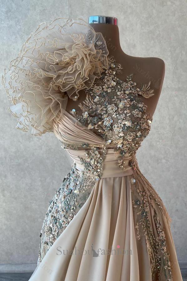 Champagne Prom Dress A Line One Shoulder Beaded Sleeveless Formal Dress