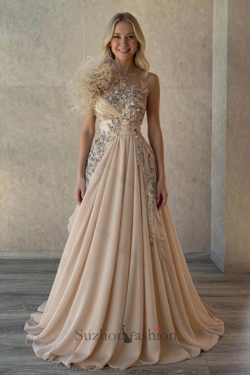 Champagne Prom Dress A Line One Shoulder Beaded Sleeveless Formal Dress