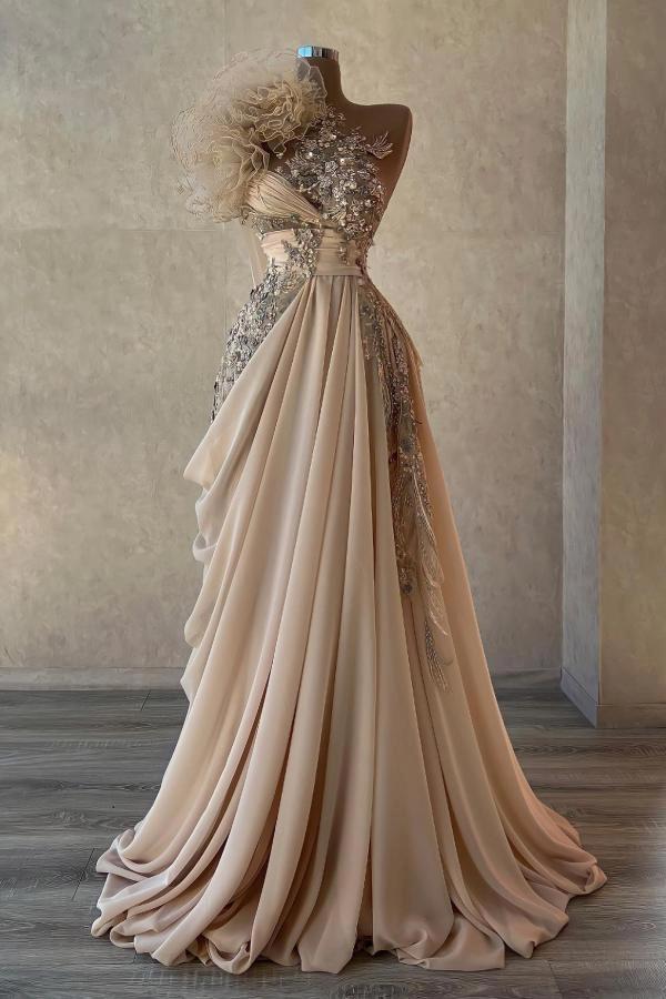 Champagne Prom Dress A Line One Shoulder Beaded Sleeveless Formal Dress