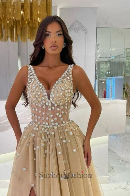 Champagne Prom Dress A Line V Neck Beaded Sweep Train Tulle Formal Dress With Slit
