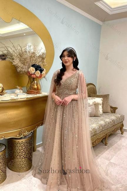 Champagne Prom Dress A Line V Neck Sequined Floor Length Tulle Formal Dress