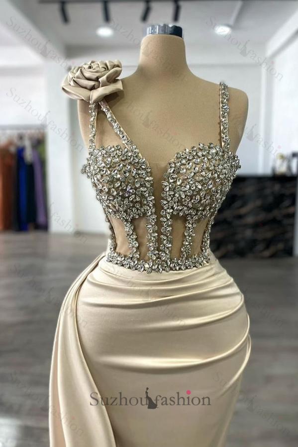 Champagne Prom Dress Column Spaghetti Strap Sweetheart Panel Train Satin Formal Dress