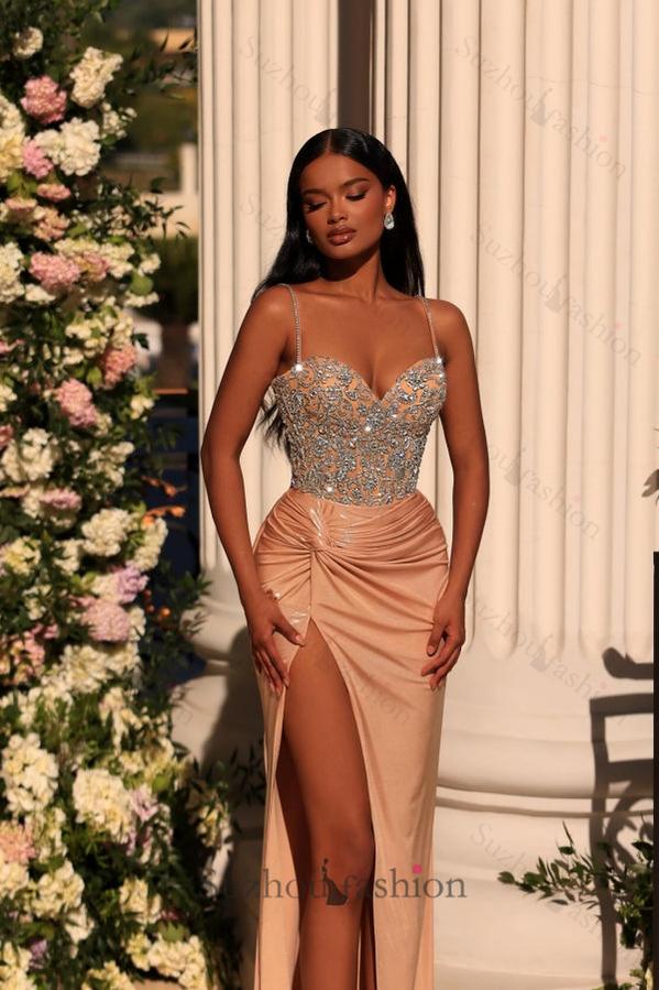 Champagne Prom Dress Column Spaghetti Straps Lace Rhinestones Formal Dress With Slit