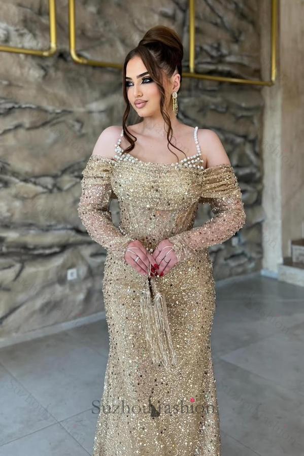 Champagne Prom Dress Mermaid Off The Shoulder Sequined Tulle Formal Dress With Pearls