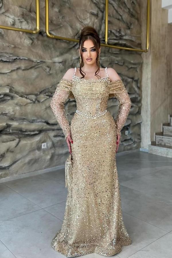 Champagne Prom Dress Mermaid Off The Shoulder Sequined Tulle Formal Dress With Pearls