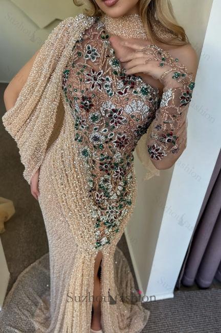 Champagne Prom Dress Mermaid One Shoulder Cap Sleeve Beaded Sequined Slit Tulle Formal Dress