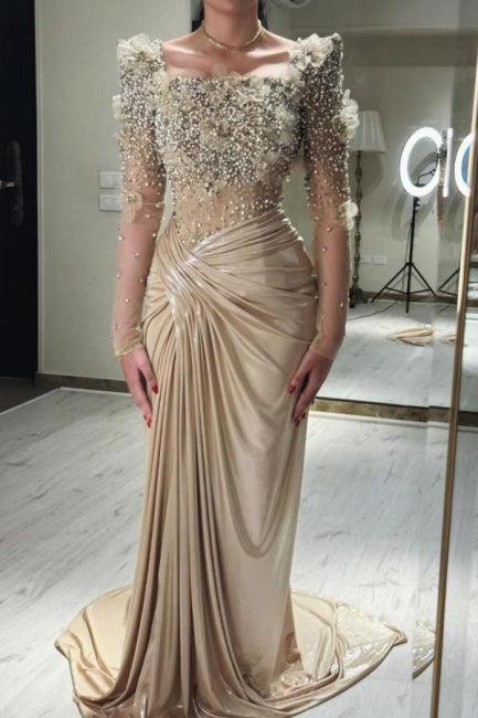Champagne Prom Dress Mermaid Square Beaded Sleeve Satin Formal Dress