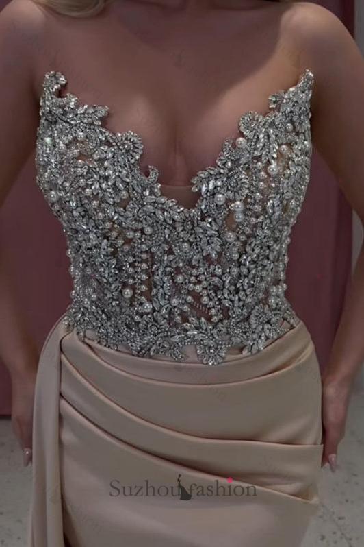 Champagne Prom Dress Mermaid Strapless Jewels Formal Dress