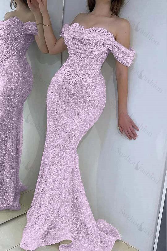 Champagne Prom Dress Mermaid Sweetheart Beaded Off The Shoulder Formal Dress With Pearls