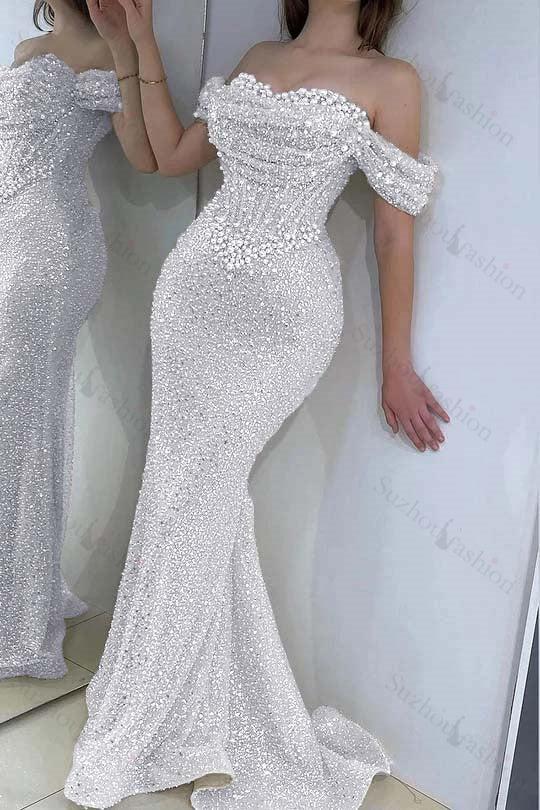 Champagne Prom Dress Mermaid Sweetheart Beaded Off The Shoulder Formal Dress With Pearls