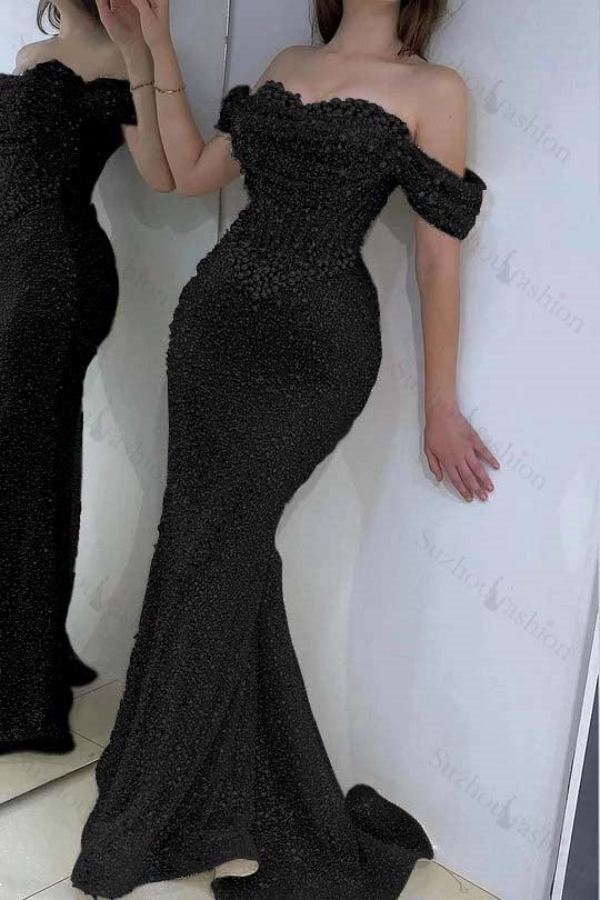 Champagne Prom Dress Mermaid Sweetheart Beaded Off The Shoulder Formal Dress With Pearls