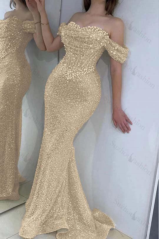 Champagne Prom Dress Mermaid Sweetheart Beaded Off The Shoulder Formal Dress With Pearls