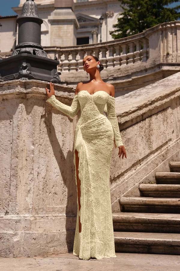 Champagne Prom Dress Mermaid Sweetheart Off The Shoulder Lace Beaded Formal Dress
