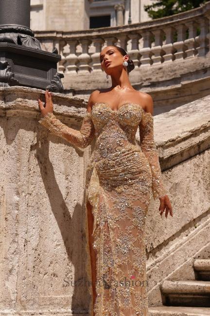 Champagne Prom Dress Mermaid Sweetheart Off The Shoulder Lace Beaded Formal Dress