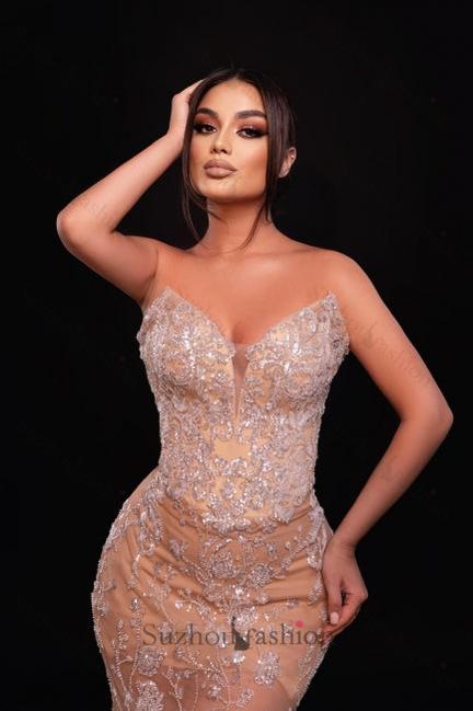Champagne Prom Dress Mermaid Sweetheart Sleeveless Lace Formal Dress With Appliques
