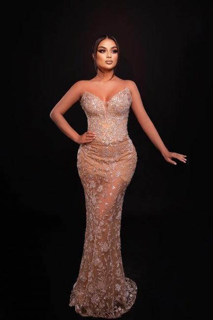 Champagne Prom Dress Mermaid Sweetheart Sleeveless Lace Formal Dress With Appliques