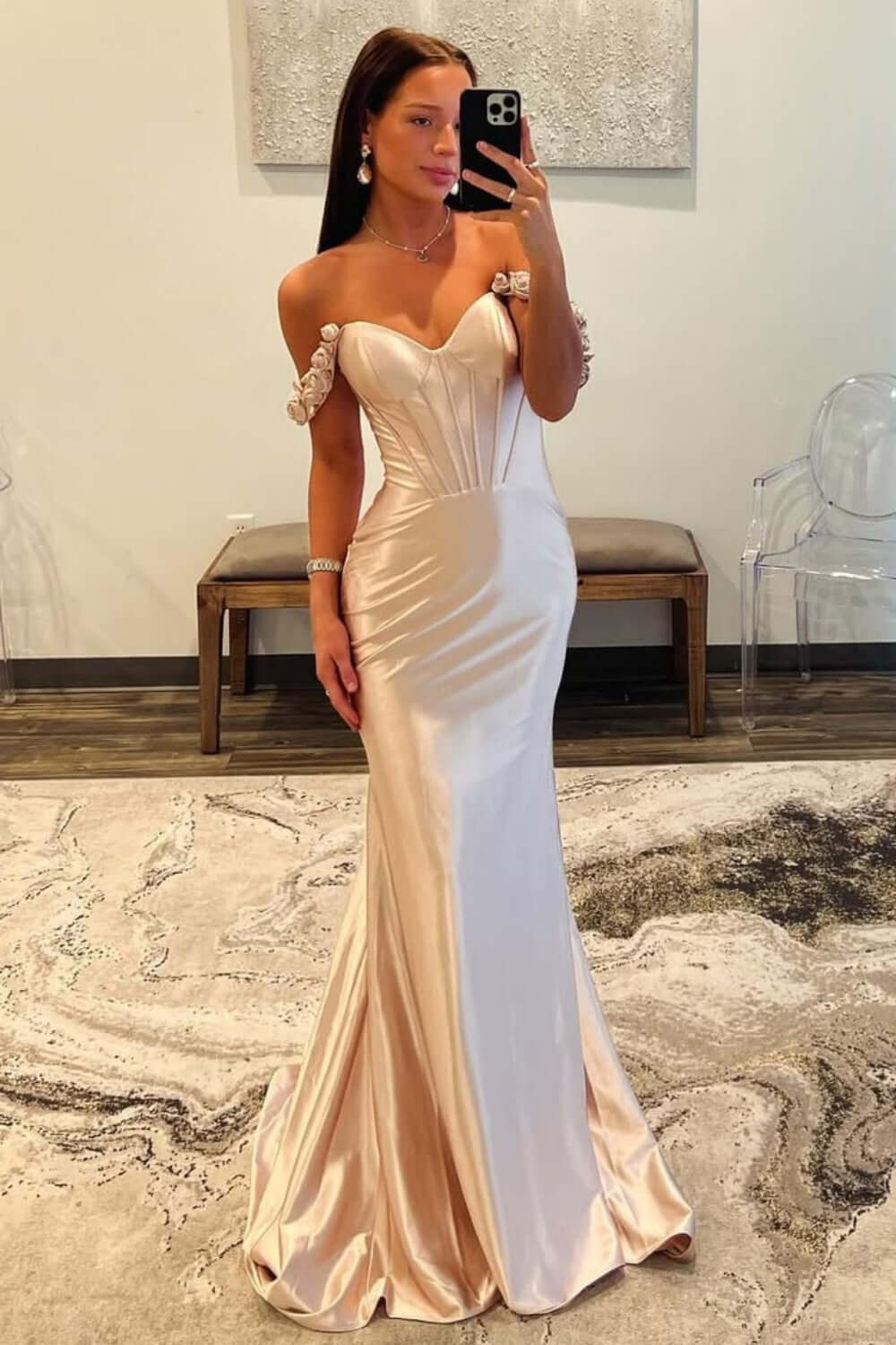 Champagne Prom Dress Off The Shoulder Corset Long Formal Dress