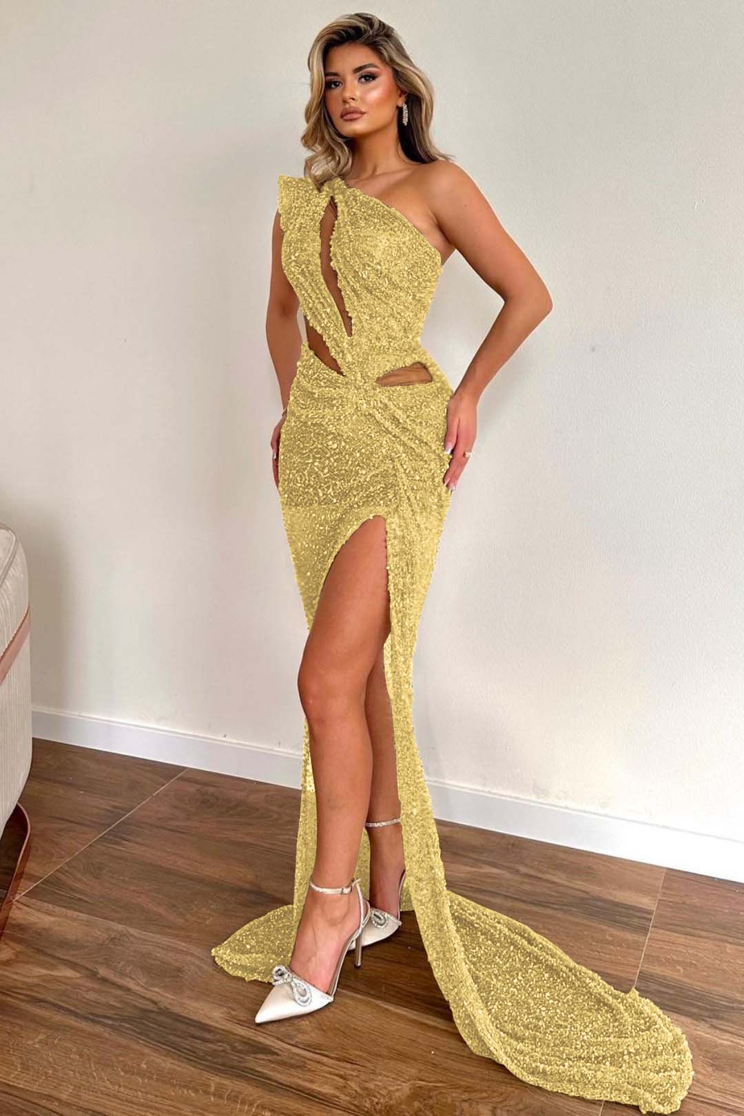 Champagne Prom Dress Sleeveless One Shoulder Sequined Evening Formal Dress With High Slit