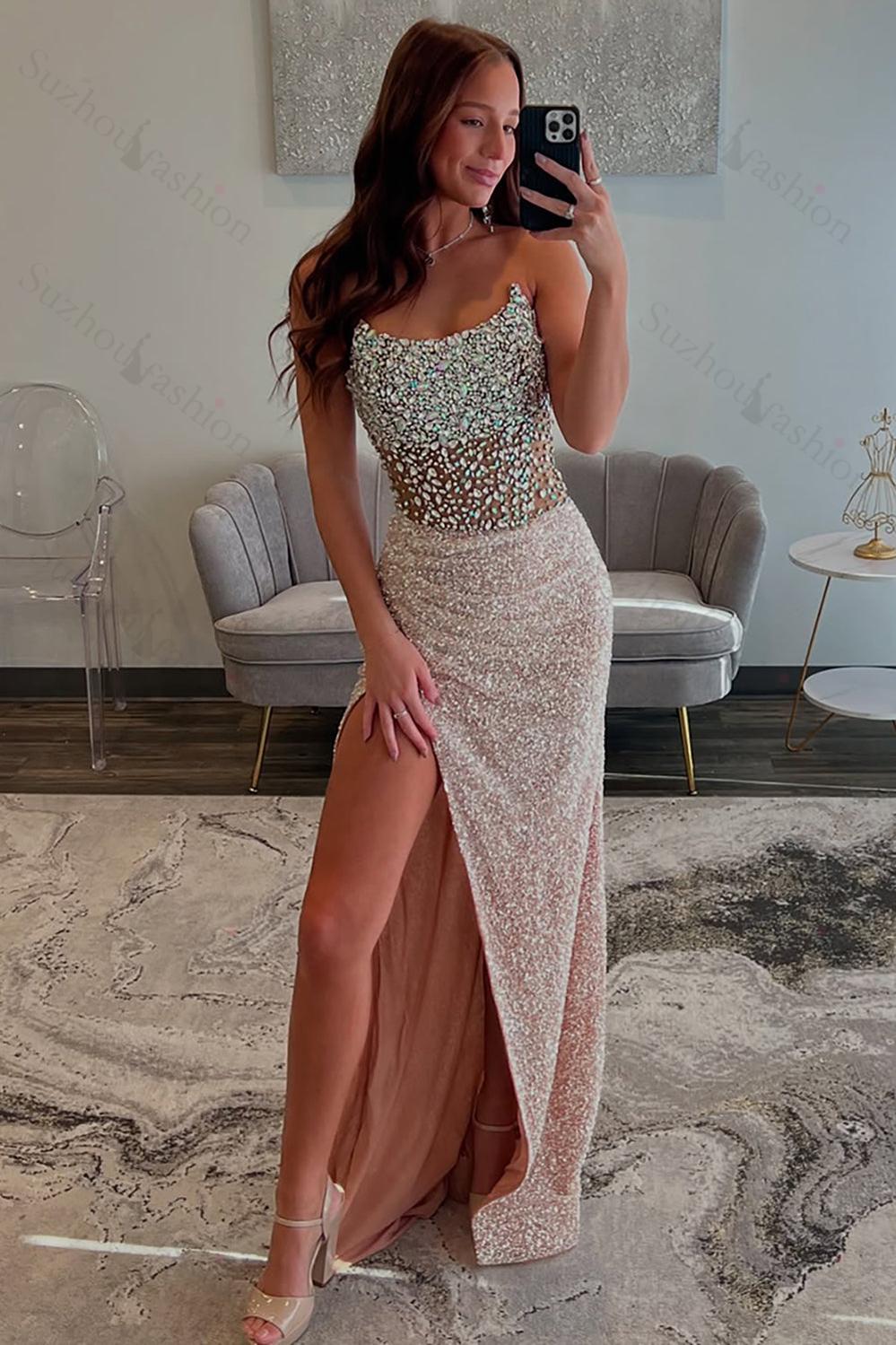 Champagne Prom Dress Strapless Sheath Beaded Long Formal Dress With Slit