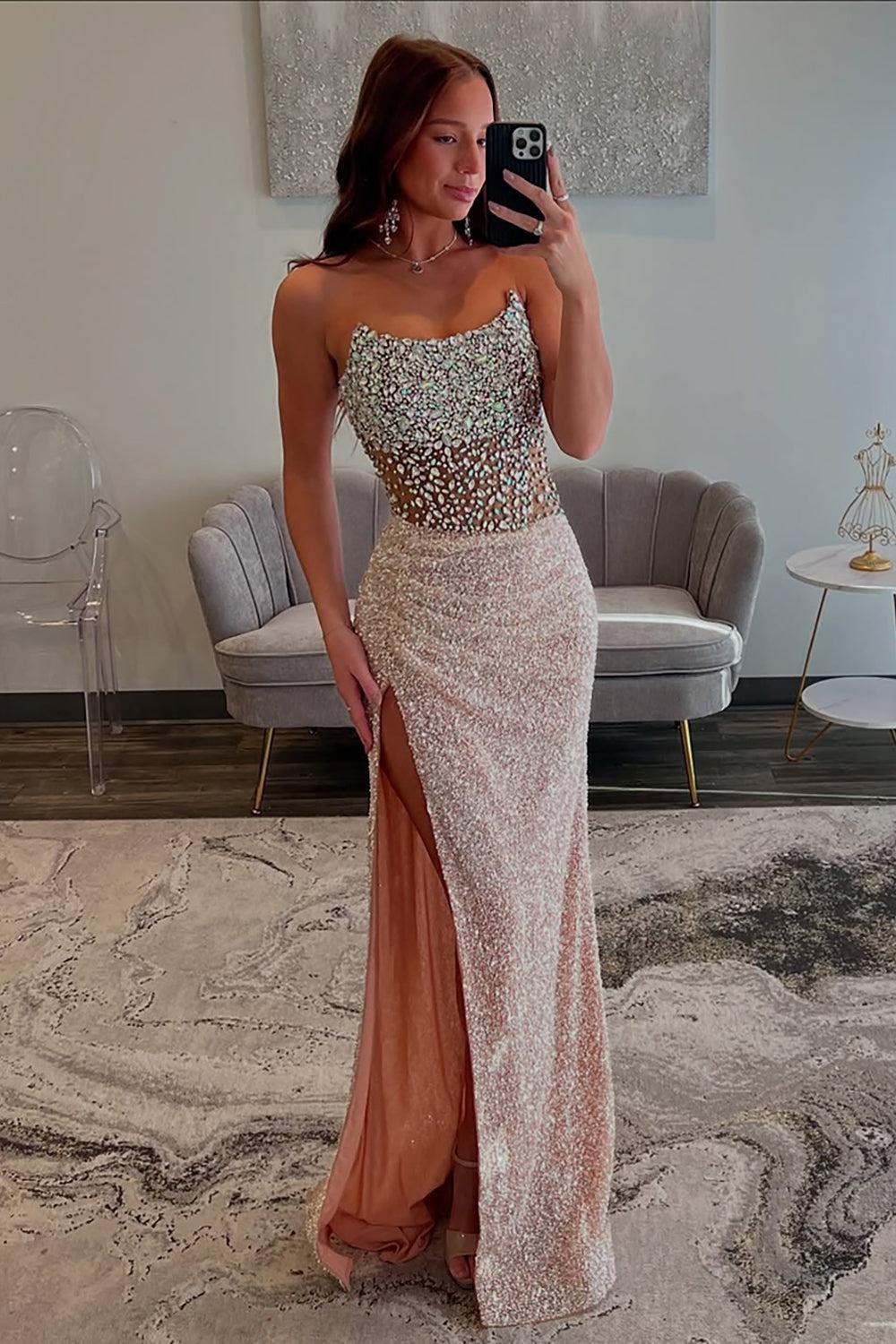 Champagne Prom Dress Strapless Sheath Beaded Long Formal Dress With Slit